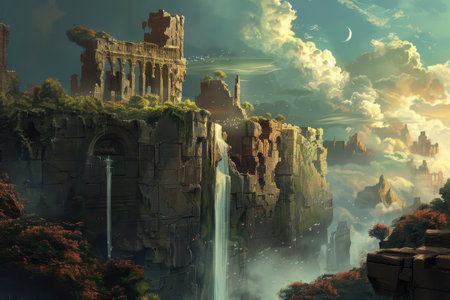 Ancient ruins of a forgotten city perched on a cliff with a waterfall and overgrown with trees and plantsの素材