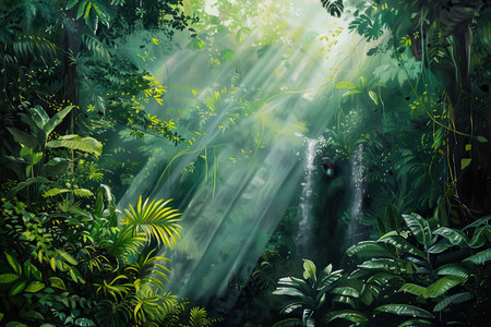 Sunlight shining through the thick foliage of a lush jungleの素材