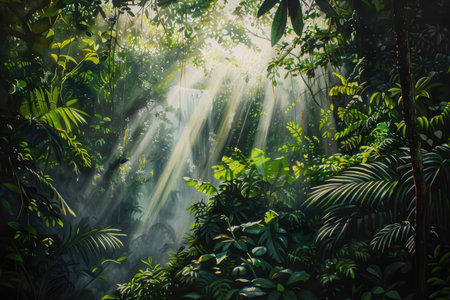 Sunlight rays shining through the thick foliage of a lush jungle canopyの素材