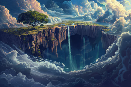 A floating island paradise with waterfalls and a lone treeの素材