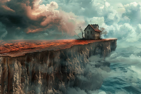 A house on the edge of a cliff with stormy clouds in the backgroundの素材