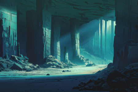 Bioluminescent ruins of an ancient alien temple with large stone pillars and debris on the temple floorの素材