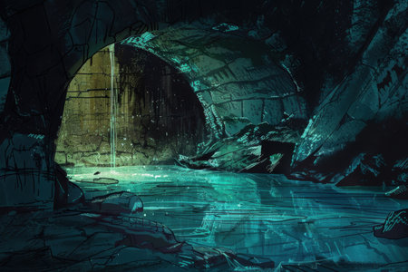 A dark and mysterious underground lake in a cave with glowing water and green mossの素材
