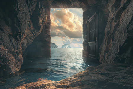 Mysterious door in a dark cave opens to a bright seascapeの素材