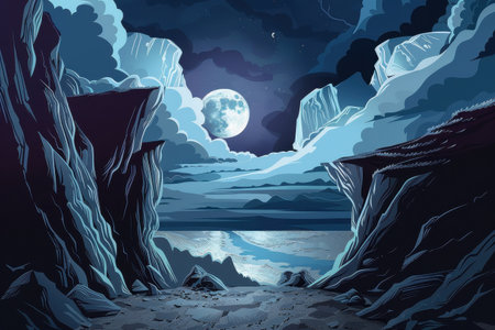 A beautiful landscape of a mountain chasm at night with a bright moon and cloudsの素材