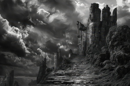 A dark and stormy sky looms over an ancient castle in ruinsの素材