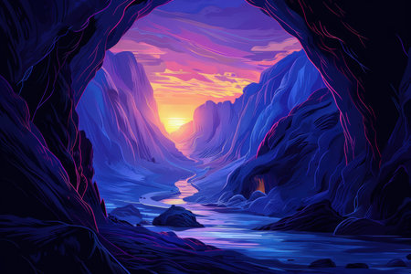 View of a canyon river at sunset from a cave entranceの素材