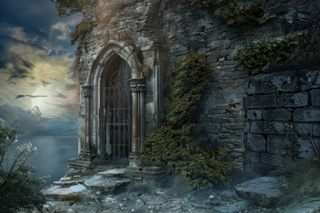 A stone castle gate with overgrown vines next to a body of water at nightの素材