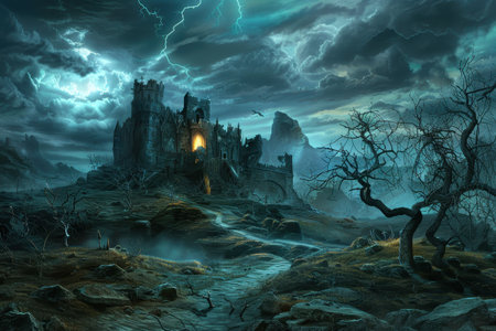 A dilapidated castle stands amidst a stormy landscape with dark clouds lightning and dead treesの素材