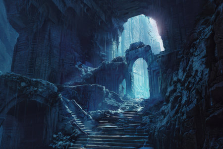 Ancient temple ruins overgrown with moss and vines in a forgotten jungleの素材