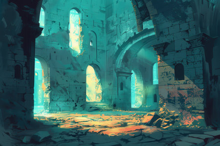 Ancient temple ruins with glowing light shining through arched openingsの素材