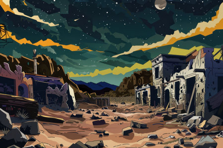 A postapocalyptic ghost town in the desert under a starry night skyの素材