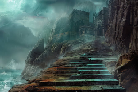 Ancient castle ruins on a stormy cliff overlooking the seaの素材