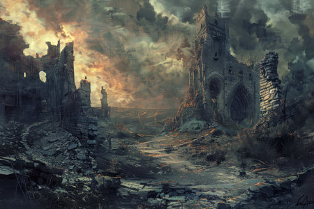 A ruined castle stands in a desolate landscape remnants of a oncegreat civilizationの素材