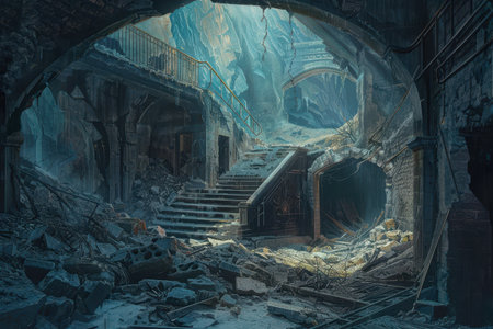 A ruined and abandoned underground city with a staircase leading to an unknown destinationの素材