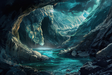 Bioluminescent lake inside a cavern with rock formations and a stormy skyの素材