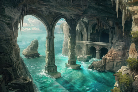 Ancient ruins of an underwater city swallowed by the sea long agoの素材