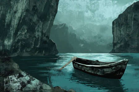 A rowboat sits in a narrow fjord surrounded by towering cliffs and shrouded in mistの素材