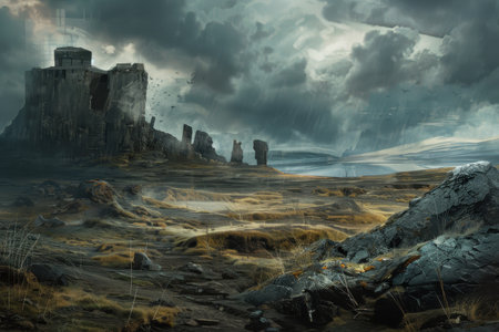 A digital painting of a ruined castle in a desolate landscape with stormy skiesの素材