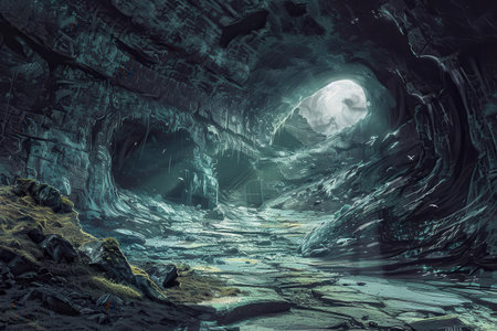 Mysterious moonlight illuminates the entrance to a vast underground cavernの素材