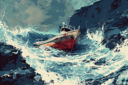 A fishing boat is battered by stormy seas struggling to stay afloatの素材