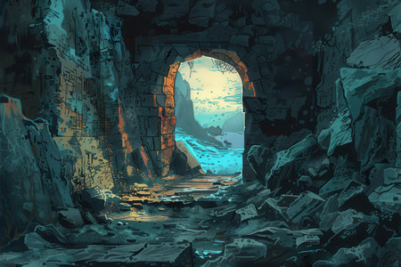 A stone archway in a ruined structure with a bright landscape beyondの素材