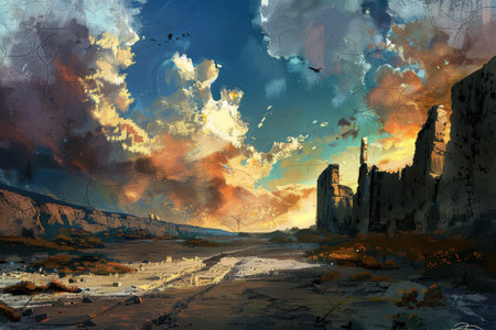 A painting of a ruined city in a desert with a colorful skyの素材