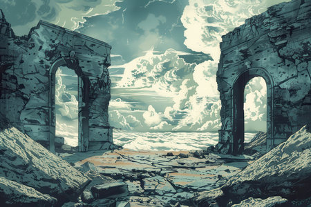 A digital painting of an ancient ruined city with large stone arches and crumbling wallsの素材