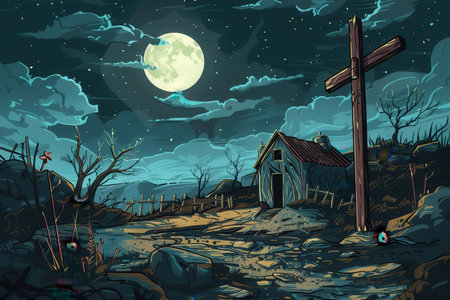A small weathered cabin sits near a wooden cross in a desolate field under a full moonの素材
