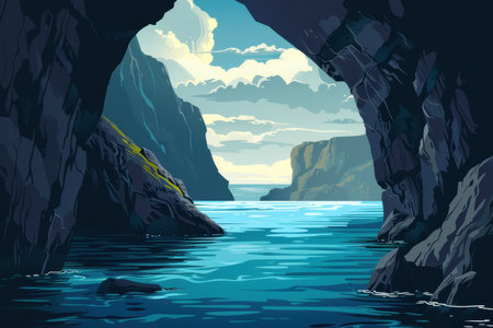 A dark cave opening up to a bright sea with distant mountainsの素材