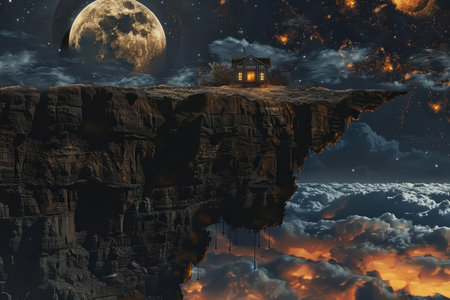 A house on the edge of a cliff with a full moon and stars in the skyの素材