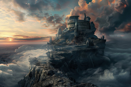 Ancient ruins of a castle on a rocky cliff overlooking a vast snowy landscapeの素材