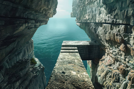 A stone bridge juts out from a towering cliff spanning the gap to another cliff over a deep blue seaの素材
