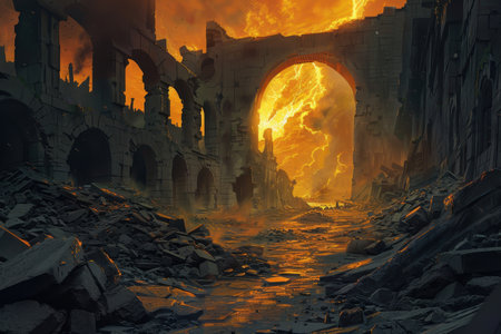 Molten lava flows through the ruins of an ancient city as lightning strikes in the backgroundの素材