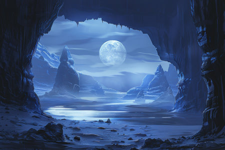 A beautiful fantasy landscape of a moonlit cavern with an icy lake and rock formationsの素材