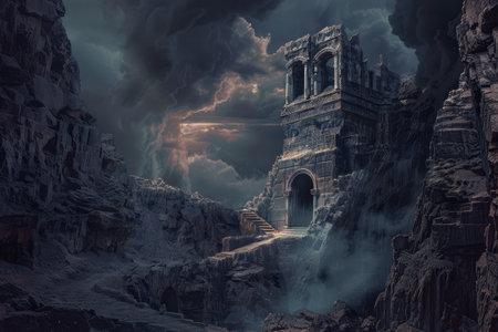 A ruined ancient temple stands in a dark and stormy landscapeの素材