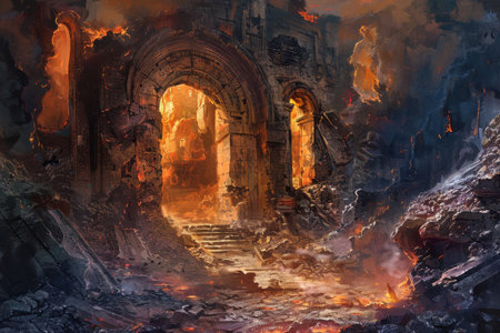 Molten ruins of an ancient temple engulfed in a fiery apocalypse.の素材