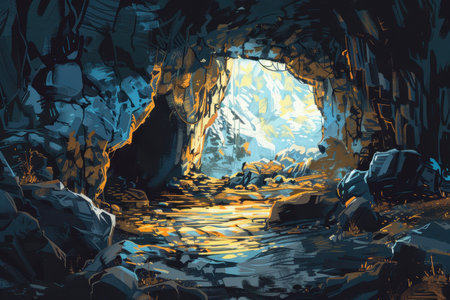 Rocky cave interior with glowing light at the entranceの素材