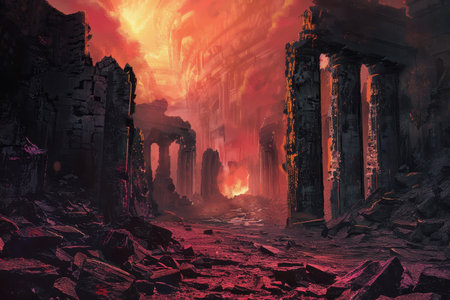Fiery ruins of an ancient city in the aftermath of an apocalypseの素材