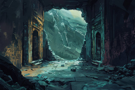 A digital painting of an ancient temple in ruins with a large chasm bathed in sunlight in the background.の素材