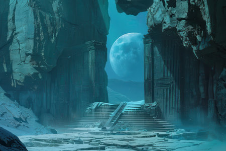 Ancient temple ruins with a large moon in the backgroundの素材