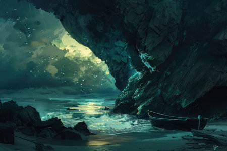 Rocky cove with abandoned boat illuminated by moonlight during a stormの素材