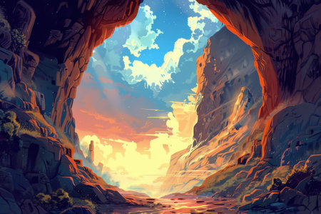 A cave entrance framed by rocks with a canyon landscape, river, and ruins bathed in warm light.の素材