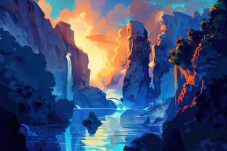 A vibrant fantasy landscape painting of a mountain gorge with a river flowing through it, featuring waterfalls, cliffs, and a colorful sky.の素材