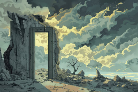 Ancient stone portal in a surreal landscape with stormy skies and a lone treeの素材