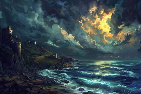 A stormy sea crashes against a rocky coast with a tower on topの素材