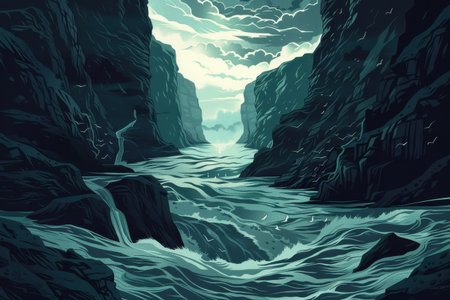 A digital painting of a dark and stormy sea between towering cliffsの素材