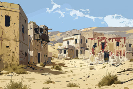 A desolated town in the middle of a desert with weathered buildings and sandy streetsの素材