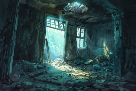 Interior of a room in ruins with broken windows and debrisの素材