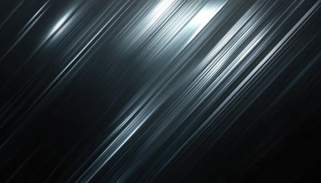 Graphic design featuring diagonal lines of light, or streaks,  on a dark backdrop. The lines create a sense of movement and depth. The tones are primarily dark and light gray, with highlights that create a metallic appearance.  The overall effect is modern and abstract.の素材